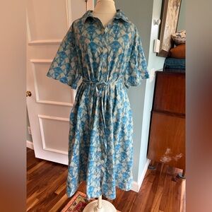 Tucker NYC Sarah Shirt Dress, Cotton, Chic Effortless, Teal geometric pattern